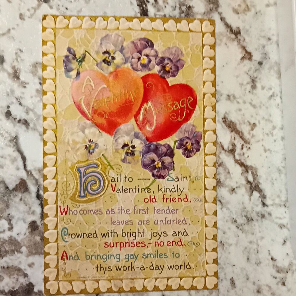 John Winsch 1911 Valentine Message Embossed Pansies Hearts Postcard Posted